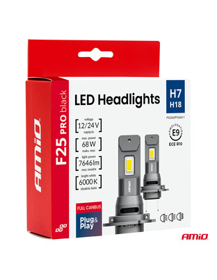 Amio - Λαμπτήρες LED F25 PRO Black Edition H7 68W 12-24V Full CAN Bus με Φωτεινότητα 7646lm σε Ψυχρό Λευκό 6000K για Επιβατικά Αυτοκίνητα & Φορτηγά - Σετ 2 τεμ. (04720/AM)