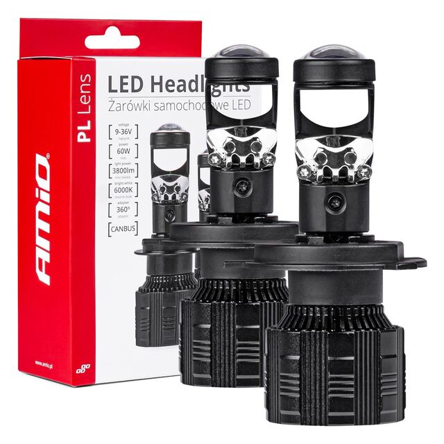Amio - ΛΑΜΠΕΣ H4 PL-LENS SERIES 9>36V 60W 5.000K 3.800lm LED 2x4575 SMD CAN-BUS ΜΕ ΠΡΟΤΖΕΚΤΟΡΑ - 2 Τεμ. (03667/AM)