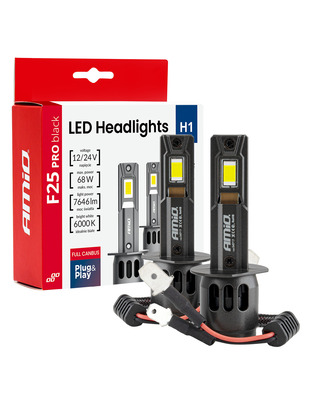Amio - Λαμπτήρες LED F25 PRO Black Edition H1 68W 12-24V Full CAN Bus με Φωτεινότητα 7646lm σε Ψυχρό Λευκό 6000K για Επιβατικά Αυτοκίνητα & Φορτηγά - Σετ 2 τεμ. (04717/AM)