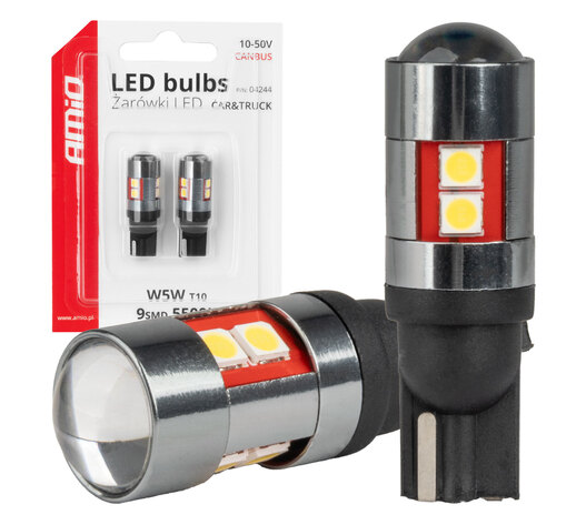 Amio - Λάμπες LED CAN Bus T10 W5W (W2.1x9.5d) Universal για Επιβατικά Αυτοκίνητα & Φορτηγά με τάση 12V-48V & 9xSMD 3030 σε Λευκή απόχρωση 5500K Chrome/Black - Σετ 2 τεμ. (04244/AM)