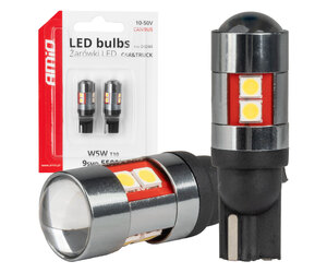 Amio - Λάμπες LED CAN Bus T10 W5W (W2.1x9.5d) Universal για Επιβατικά Αυτοκίνητα & Φορτηγά με τάση 12V-48V & 9xSMD 3030 σε Λευκή απόχρωση 5500K Chrome/Black - Σετ 2 τεμ. (04244/AM)