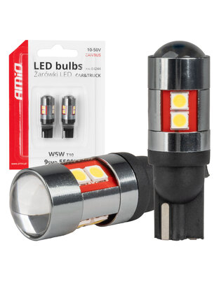 Amio - Λάμπες LED CAN Bus T10 W5W (W2.1x9.5d) Universal για Επιβατικά Αυτοκίνητα & Φορτηγά με τάση 12V-48V & 9xSMD 3030 σε Λευκή απόχρωση 5500K Chrome/Black - Σετ 2 τεμ. (04244/AM)