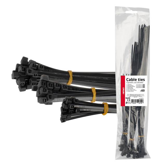 Amio - ΔΕΜΑΤΙΚΑ/ΔΕΤΙΚΑ ΚΑΛΩΔΙΩΝ TIE WRAP(ΤΑΙΡΑΠ) 3.6x200mm / 3.6x300mm / 4.6x350mm ΜΑΥΡΟ ΧΡΩΜΑ ΣΕΤ - 60 ΤΕΜ. (04315/AM)