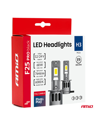Amio - Λαμπτήρες LED F25 PRO Black Edition H3 68W 12-24V Full CAN Bus με Φωτεινότητα 7646lm σε Ψυχρό Λευκό 6000K για Επιβατικά Αυτοκίνητα & Φορτηγά - Σετ 2 τεμ. (04718/AM)
