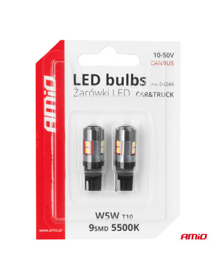 Amio - Λάμπες LED CAN Bus T10 W5W (W2.1x9.5d) Universal για Επιβατικά Αυτοκίνητα & Φορτηγά με τάση 12V-48V & 9xSMD 3030 σε Λευκή απόχρωση 5500K Chrome/Black - Σετ 2 τεμ. (04244/AM)