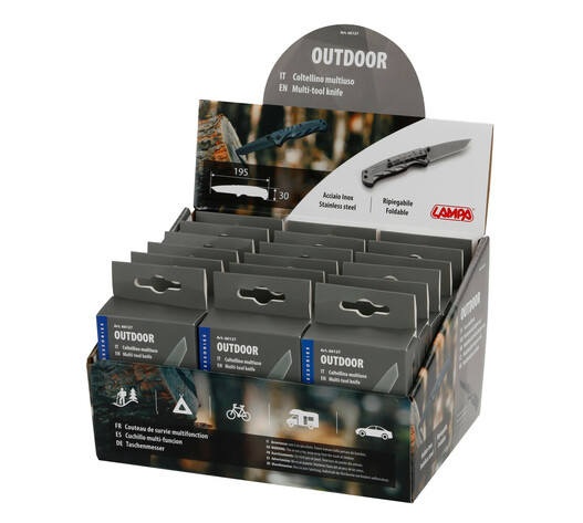 ΣΟΥΓΙΑΣ / ΜΑΧΑΙΡΙ ΤΣΕΠΗΣ / ΠΟΛΥΕΡΓΑΛΕΙΟ OUTDOOR INOX ΜΕ ΚΛΙΠ ΓΙΑ ΖΩΝΗ 18x15x23cm ΣΕ ΣΤΑΝΤ LAMPA - 18 ΤΕΜ.