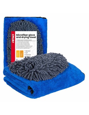 Amio - Σετ Περιποίησης με Γάντι Πλυσίματος 20x26cm (94g/sqm) και Πανί Στεγνώματος Μικροϊνών 60x90cm υψηλής απορροφητικότητας (800g/sqm) για Επιβατικά Αυτοκίνητα - 1 σετ (04489/AM)