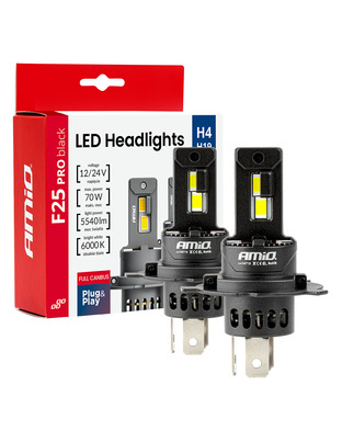 Amio - Λαμπτήρες LED F25 PRO Black Edition H4/H19 70W 12-24V Full CAN Bus με Φωτεινότητα 8000lm σε Ψυχρό Λευκό 6000K για Επιβατικά Αυτοκίνητα & Φορτηγά - Σετ 2 τεμ. (04719/AM)