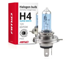 Amio - Λάμπα Τύπου H4 Αλογόνου Τάση Λειτουργίας 12V Απόδοση 60/55W Τύπος Βάσης P43t SUPERWHITE για Φώτα Αυτοκινήτου – 1 τεμ. (01269/AM)