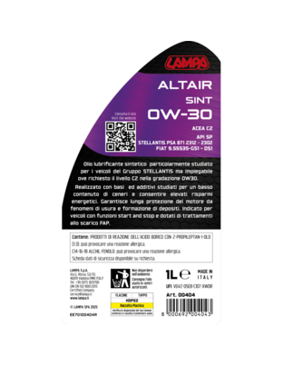 ΛΑΔΙ ΚΙΝΗΤΗΡΑ 0W30 ΣΥΝΘΕΤΙΚΟ ALTAIR SINT ACEA 2 /API SP /STELLANTIS PSA B71 2312-2302 1LT LAMPA - 1 τεμ.