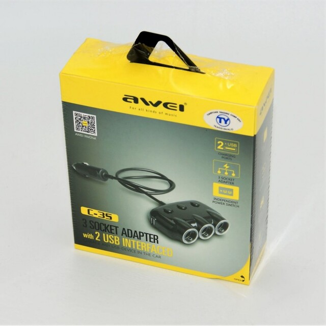 ΠΟΛΥΜΠΡΙΖΟ AYTOKINHTOY 12V 3 ΘΕΣΕΩΝ ME 2 ΘΥΡΕΣ ΦΟΡΤΙΣΗΣ USB AWEI AU-C-3S