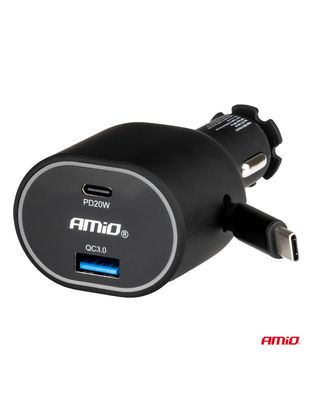 Amio - ΦΟΡΤΙΣΤΗΣ ΑΝΑΠΤΗΡΑ ΜΕ 2 ΘΥΡΕΣ USB-C 20W+USB-A QUICK CHARGE 3.0 ΜΕ ΚΑΛΩΔΙΟ USB-C 30W ΜΑΥΡΟ - 1 Τεμ. (04176/AM)