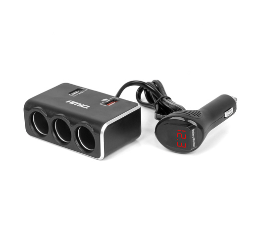 Amio - ΑΝΤΑΠΤΟΡΑΣ ΑΝΑΠΤΗΡΑ 12/24V 120W ΨΗΦΙΑΚΟΣ ΜΑΥΡΟΣ/3 ΘΕΣΕΙΣ/2xUSB-A QC 3.0 ΜΕ ΚΑΛΩΔΙΟ 80cm - 1 Τεμ. (04364/AM)