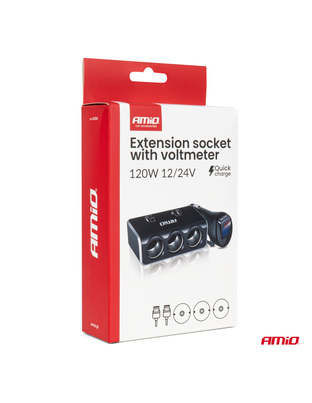 Amio - ΑΝΤΑΠΤΟΡΑΣ ΑΝΑΠΤΗΡΑ 12/24V 120W ΨΗΦΙΑΚΟΣ ΜΑΥΡΟΣ/3 ΘΕΣΕΙΣ/2xUSB-A QC 3.0 ΜΕ ΚΑΛΩΔΙΟ 80cm - 1 Τεμ. (04364/AM)