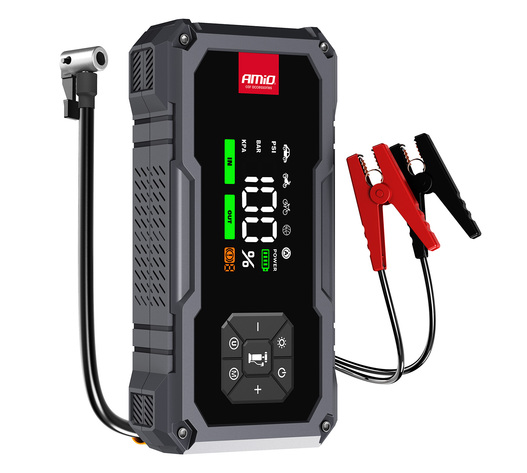 Amio - Φορητός Εκκινητής Μπαταρίας (Jump Starter) με ενσωματωμένο Κομπρεσέρ Αέρα, Powerbank και Φακό LED τάση λειτουργίας 12V με χωρητικότητα 7,2Ah και μέγιστο ρεύμα εκκίνησης 600A για Επιβατικά Αυτοκίνητα - 1 τεμ. (04674/AM)