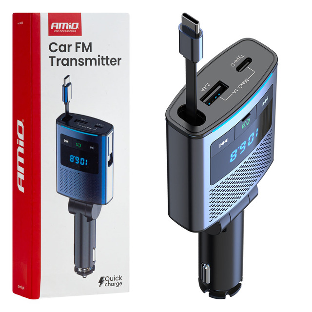Amio - FM Transmitter Αυτοκινήτου 12/24V με 1xUSB Type-A, 1xUSB Type-C και Ενσωματωμένο Καλώδιο Φόρτισης Type-C - 1 τεμ. (04656/AM)