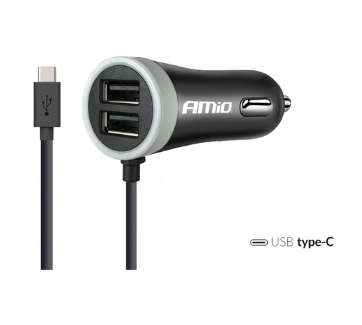 Amio - Φορτιστής Αναπτήρα 12-24V 2.4A με 2 θύρες USB και καλώδιο Type-C για ταυτόχρονη φόρτιση συσκευών με σταθερή παροχή ρεύματος σε αυτοκίνητα και επαγγελματικά οχήματα - 1 Τεμ. (02058/AM)