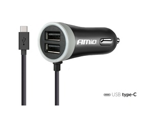Amio - Φορτιστής Αναπτήρα 12-24V 2.4A με 2 θύρες USB και καλώδιο Type-C για ταυτόχρονη φόρτιση συσκευών με σταθερή παροχή ρεύματος σε αυτοκίνητα και επαγγελματικά οχήματα - 1 Τεμ. (02058/AM)