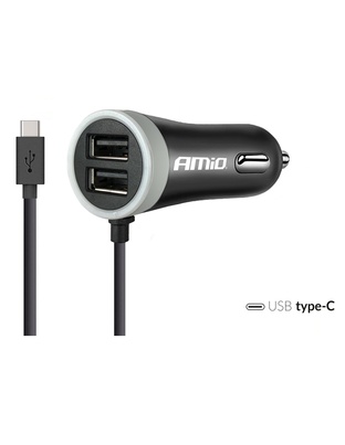 Amio - Φορτιστής Αναπτήρα 12-24V 2.4A με 2 θύρες USB και καλώδιο Type-C για ταυτόχρονη φόρτιση συσκευών με σταθερή παροχή ρεύματος σε αυτοκίνητα και επαγγελματικά οχήματα - 1 Τεμ. (02058/AM)