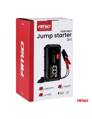 Amio - Φορητός Εκκινητής Μπαταρίας (Jump Starter), Powerbank και Φακός LED τάση λειτουργίας 12V με χωρητικότητα 12Ah και ρεύμα εκκίνησης 500A (στιγμιαία μέγιστη ισχύς 1000A) σειρά Pro για Επιβατικά Αυτοκίνητα - 1 τεμ. (04676/AM)