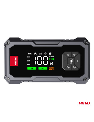Amio - Φορητός Εκκινητής Μπαταρίας (Jump Starter) με ενσωματωμένο Κομπρεσέρ Αέρα, Powerbank και Φακό LED τάση λειτουργίας 12V με χωρητικότητα 7,2Ah και μέγιστο ρεύμα εκκίνησης 600A για Επιβατικά Αυτοκίνητα - 1 τεμ. (04674/AM)