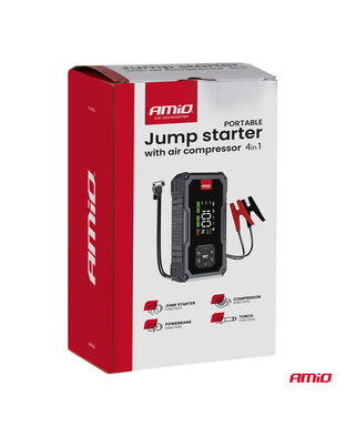 Amio - Φορητός Εκκινητής Μπαταρίας (Jump Starter) με ενσωματωμένο Κομπρεσέρ Αέρα, Powerbank και Φακό LED τάση λειτουργίας 12V με χωρητικότητα 7,2Ah και μέγιστο ρεύμα εκκίνησης 600A για Επιβατικά Αυτοκίνητα - 1 τεμ. (04674/AM)