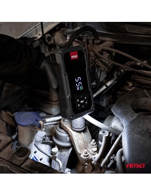 Amio - Φορητός Εκκινητής Μπαταρίας (Jump Starter) με ενσωματωμένο Κομπρεσέρ Αέρα, Powerbank και Φακό LED τάση λειτουργίας 12V με χωρητικότητα 7,2Ah και μέγιστο ρεύμα εκκίνησης 600A για Επιβατικά Αυτοκίνητα - 1 τεμ. (04674/AM)