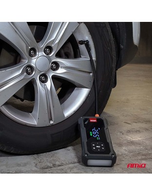 Amio - Φορητός Εκκινητής Μπαταρίας (Jump Starter) με ενσωματωμένο Κομπρεσέρ Αέρα, Powerbank και Φακό LED τάση λειτουργίας 12V με χωρητικότητα 7,2Ah και μέγιστο ρεύμα εκκίνησης 600A για Επιβατικά Αυτοκίνητα - 1 τεμ. (04674/AM)