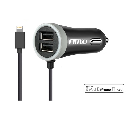 Amio - Φορτιστής Αναπτήρα 12-24V 2.4A με 2 θύρες USB και καλώδιο Lightning για ταυτόχρονη φόρτιση συσκευών με σταθερή παροχή ρεύματος σε αυτοκίνητα και επαγγελματικά οχήματα - 1 Τεμ. (02057/AM)