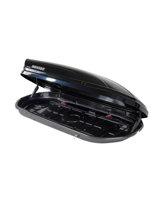 Menabo - Μπαγκαζιέρα Οροφής Mania 580 Duo Διπλό Άνοιγμα Black με Δαγκάνες Crab (Μαύρη / Γυαλιστερή 224,4x89x36,4cm) για Ασφαλή Μεταφορά Φορτίου - 1 Σετ (16910/MB)