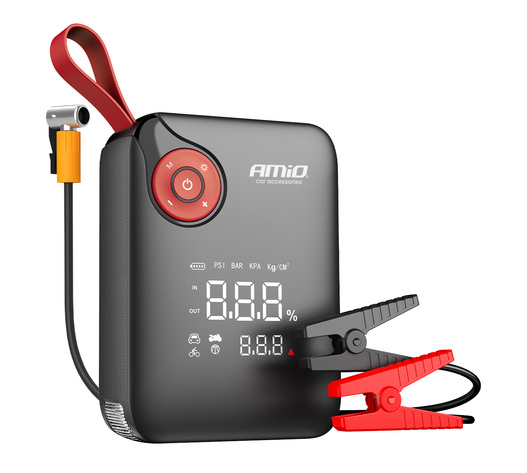 Amio - Φορητός Εκκινητής Μπαταρίας (Jump Starter) Mini με ενσωματωμένο Κομπρεσέρ Αέρα, Powerbank και Φακό LED τάση λειτουργίας 12V με χωρητικότητα 7,2Ah και μέγιστο ρεύμα εκκίνησης 600A για Επιβατικά Αυτοκίνητα - 1 τεμ. (04675/AM)