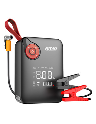 Amio - Φορητός Εκκινητής Μπαταρίας (Jump Starter) Mini με ενσωματωμένο Κομπρεσέρ Αέρα, Powerbank και Φακό LED τάση λειτουργίας 12V με χωρητικότητα 7,2Ah και μέγιστο ρεύμα εκκίνησης 600A για Επιβατικά Αυτοκίνητα - 1 τεμ. (04675/AM)