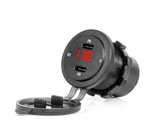 Amio - ΠΡΙΖΑ ΜΕ 2 ΘΥΡΕΣ USB-C ΚΑΙ ΨΗΦΙΑΚΟ ΒΟΛΤΟΜΕΤΡΟ ΜΕ ΚΑΠΑΚΙ 12/24V ΑΔΙΑΒΡΟΧΗ ΜΕ ΚΟΚΚΙΝΗ LED ΕΝΔΕΙΞΗ ΜΑΥΡΗ - 1 Τεμ. (04225/AM)