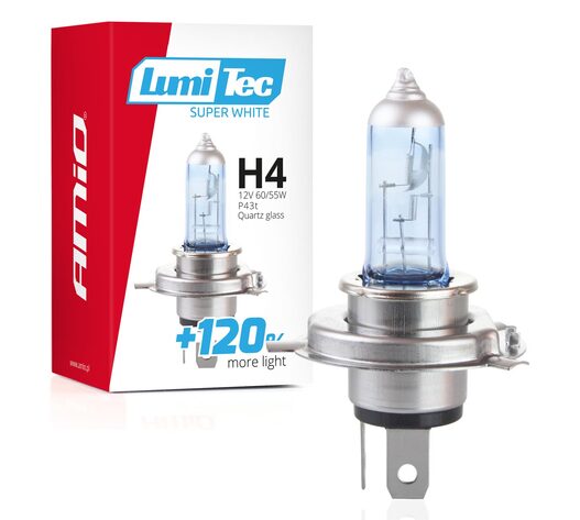 Amio - Λάμπα H4 βάση P43t τάση λειτουργίας 12V απόδοσης 60/55W τύπου Lumitec Superwhite +120% για Επιβατικά Αυτοκίνητα - 1 τεμ. (02137/AM)