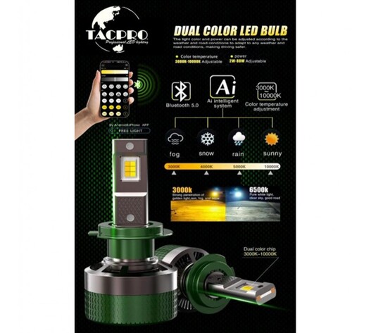 TACPRO ΔΙΧΡΩΜΗ LED ΛΑΜΠΑ ΑΥΤΟΚΙΝΗΤΟΥ H7 ΜΕ BLUETOOTH & ΡΥΘΜΙΖΟΜΕΝΗ ΘΕΡΜΟΚΡΑΣΙΑ ΦΩΤΟΣ (3000K–10000K) WMG-04914