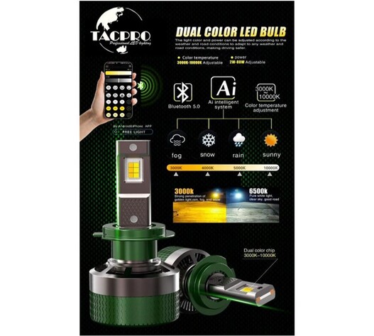 TACPRO ΔΙΧΡΩΜΗ LED ΛΑΜΠΑ ΑΥΤΟΚΙΝΗΤΟΥ H1 ΜΕ BLUETOOTH & ΡΥΘΜΙΖΟΜΕΝΗ ΘΕΡΜΟΚΡΑΣΙΑ ΦΩΤΟΣ (3000K–10000K) WMG-04913