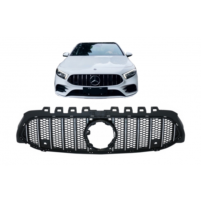 Μπροστινή μάσκα κατάλληλη για Mercedes A-Class W177 Hatchback V177 Sedan (04.2018-2022) Mesh GT-R Panamericana Design Μαύρο Χρώμιο χωρίς κάμερα