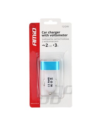 Amio - Φορτιστής Αυτοκινήτου USB Dual με Βολτόμετρο και Ένδειξη Κατανάλωσης τάση λειτουργίας 12-24V απόδοσης 3A για Επιβατικά Αυτοκίνητα και Φορτηγά - 1 τεμ. (01028/AM)