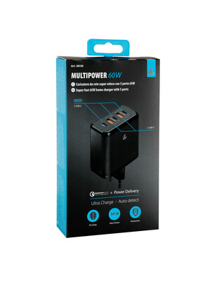 ΦΟΡΤΙΣΤΗΣ ΜΕ ΟΙΚΙΑΚΗ ΠΡΙΖΑ 100/230V 60W ΜΕ 5 ΘΥΡΕΣ USB (USB Ax2/USB Cx3) QUICK CHARGE MULTIPOWER