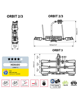 Menabo - Βάση Ποδηλάτου Κοτσαδόρου Orbit 3 για 3 ποδήλατα ή E-bike / Fat Bike Αναδιπλούμενη με Ανάκλιση / Μοχλό Γρήγορης Ασφάλισης / Αντάπτορα 13 pin - 1 τεμ. (14760/MB)