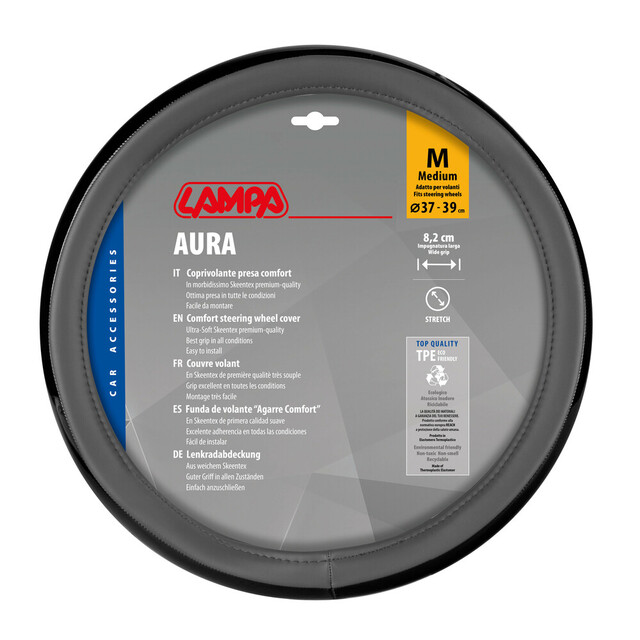 Lampa - Κάλυμμα Τιμονιού AURA (M) 37/39cm Μαύρο ένθετο με γυαλάδα  / Γκρί άοσμο μαλακό Skeentex - 1 τεμ. (L3290.7)