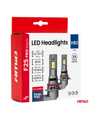 Amio - Λαμπτήρες LED F25 PRO Black Edition HB3 (9005) 68W 12-24V Full CAN Bus με Φωτεινότητα 7646lm σε Ψυχρό Λευκό 6000K για Επιβατικά Αυτοκίνητα & Φορτηγά - Σετ 2 τεμ. (04722/AM)