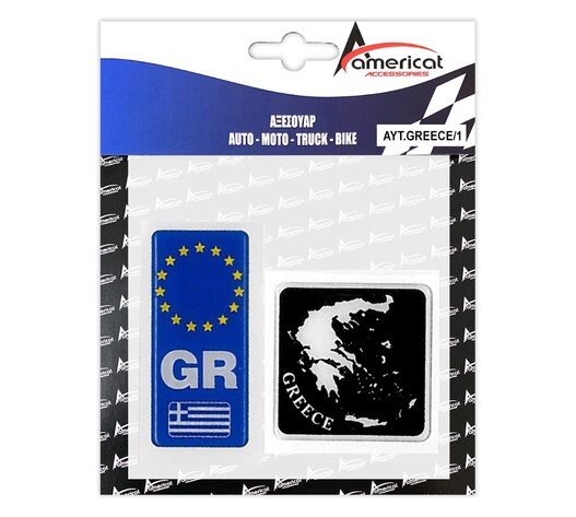GREECE ΑΥΤΟΚΟΛΛΗΤΟ GR ΚΑΘΕΤΟ 10,4 Χ 4,5 cm ΚΑΙ ΧΑΡΤΗΣ ΕΛΛΑΔΟΣ 8 Χ 8 cm (ΜΑΥΡΟ) ΜΕ ΕΠΙΚΑΛΥΨΗ ΣΜΑΛΤΟΥ - 2 ΤΕΜ.