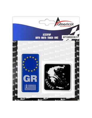 GREECE ΑΥΤΟΚΟΛΛΗΤΟ GR ΚΑΘΕΤΟ 10,4 Χ 4,5 cm ΚΑΙ ΧΑΡΤΗΣ ΕΛΛΑΔΟΣ 8 Χ 8 cm (ΜΑΥΡΟ) ΜΕ ΕΠΙΚΑΛΥΨΗ ΣΜΑΛΤΟΥ - 2 ΤΕΜ.