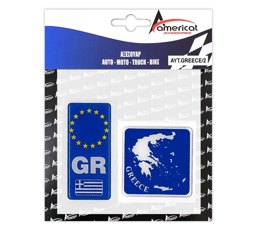 GREECE ΑΥΤΟΚΟΛΛΗΤΟ GR ΚΑΘΕΤΟ 10,4 Χ 4,5 cm ΚΑΙ ΧΑΡΤΗΣ ΕΛΛΑΔΟΣ 8 Χ 8 cm (ΜΠΛΕ) ΜΕ ΕΠΙΚΑΛΥΨΗ ΣΜΑΛΤΟΥ - 2 ΤΕΜ.