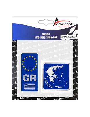GREECE ΑΥΤΟΚΟΛΛΗΤΟ GR ΚΑΘΕΤΟ 10,4 Χ 4,5 cm ΚΑΙ ΧΑΡΤΗΣ ΕΛΛΑΔΟΣ 8 Χ 8 cm (ΜΠΛΕ) ΜΕ ΕΠΙΚΑΛΥΨΗ ΣΜΑΛΤΟΥ - 2 ΤΕΜ.