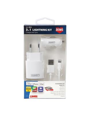 Καλώδιο Φορτισης / Συγχρονισμού USB για Apple 100cm 8pin με αντάπτορα USB αναπτήρα 12V/24V και αντάπτορα 220V