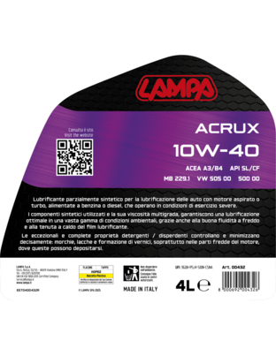 Lampa - Λάδι Κινητήρα Αυτοκινήτου Acrux 10W-40 ACEA A3/B4 4 Lt. - 1 τεμ. (L0043.2)