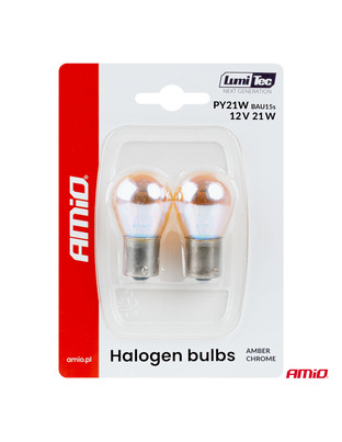 Amio – Λάμπες Αλογόνου PY21W BAU15s 12V 21W Πορτοκαλί/Χρώμιο Lumitec για Φλας & Καθαρή Σήμανση – Σετ 2 Τεμ. (04627/AM)
