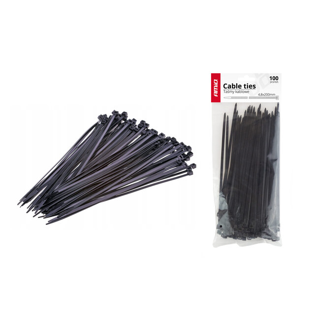 Amio – Δεματικά καλωδίων tie wrap 02155 μαύρα 4,8x200mm, ασφαλίστε και συγκρατήστε με απόλυτη στιβαρότητα κάθε βαριά πλεξούδα ή εξάρτημα – 100 Τεμ. (02155/AM)